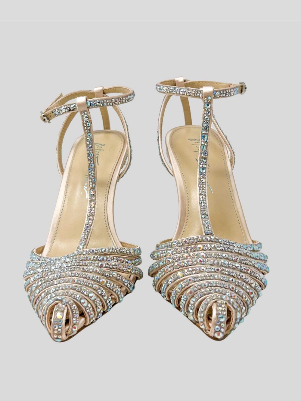 Betsey Johnson Beige Crystal T-Strap Pointed Heels
